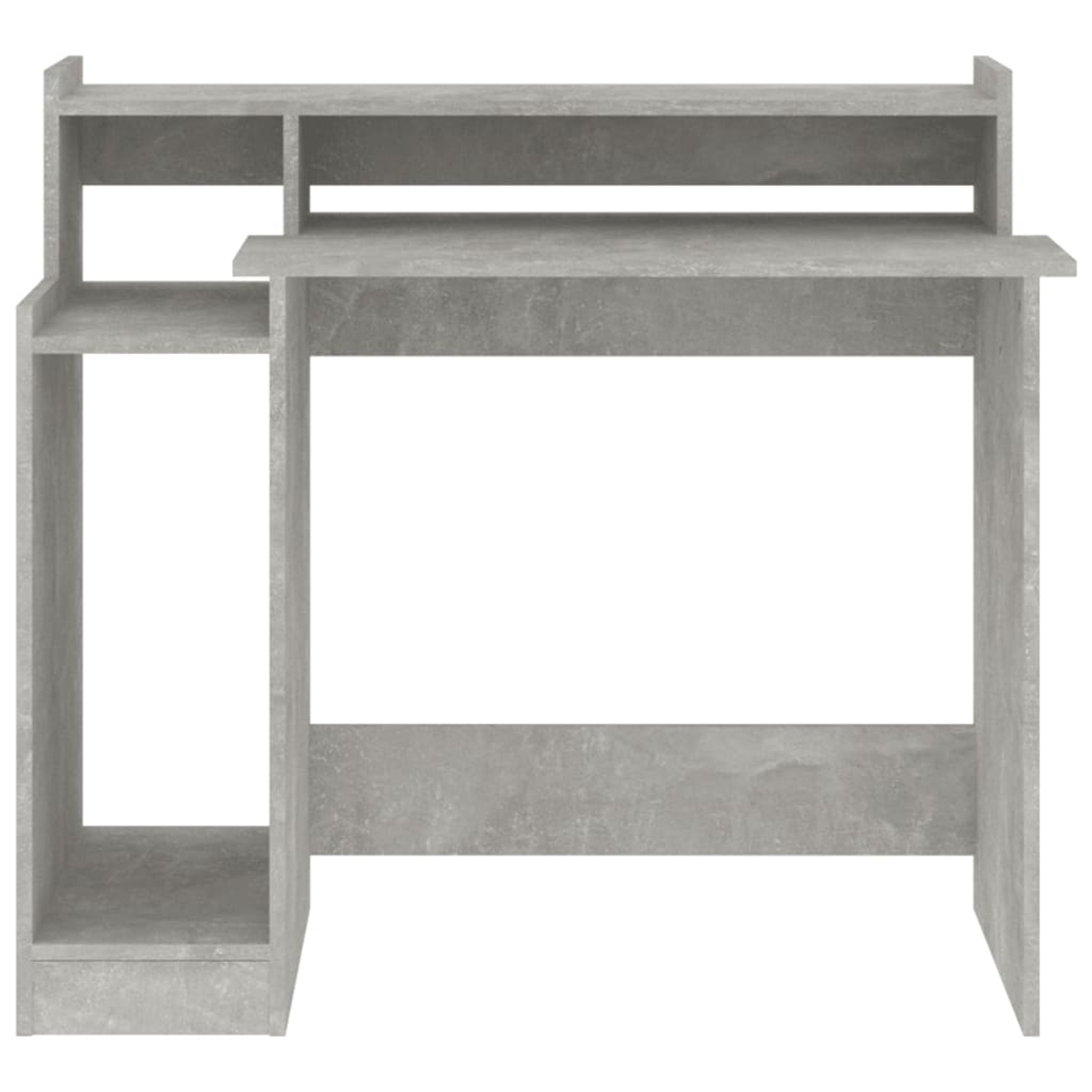 Ein grauer Schreibtisch mit Regal, einem Seitenfach mit Regal und einem unteren Regal. Der Schreibtisch besteht aus betonähnlichem Material.