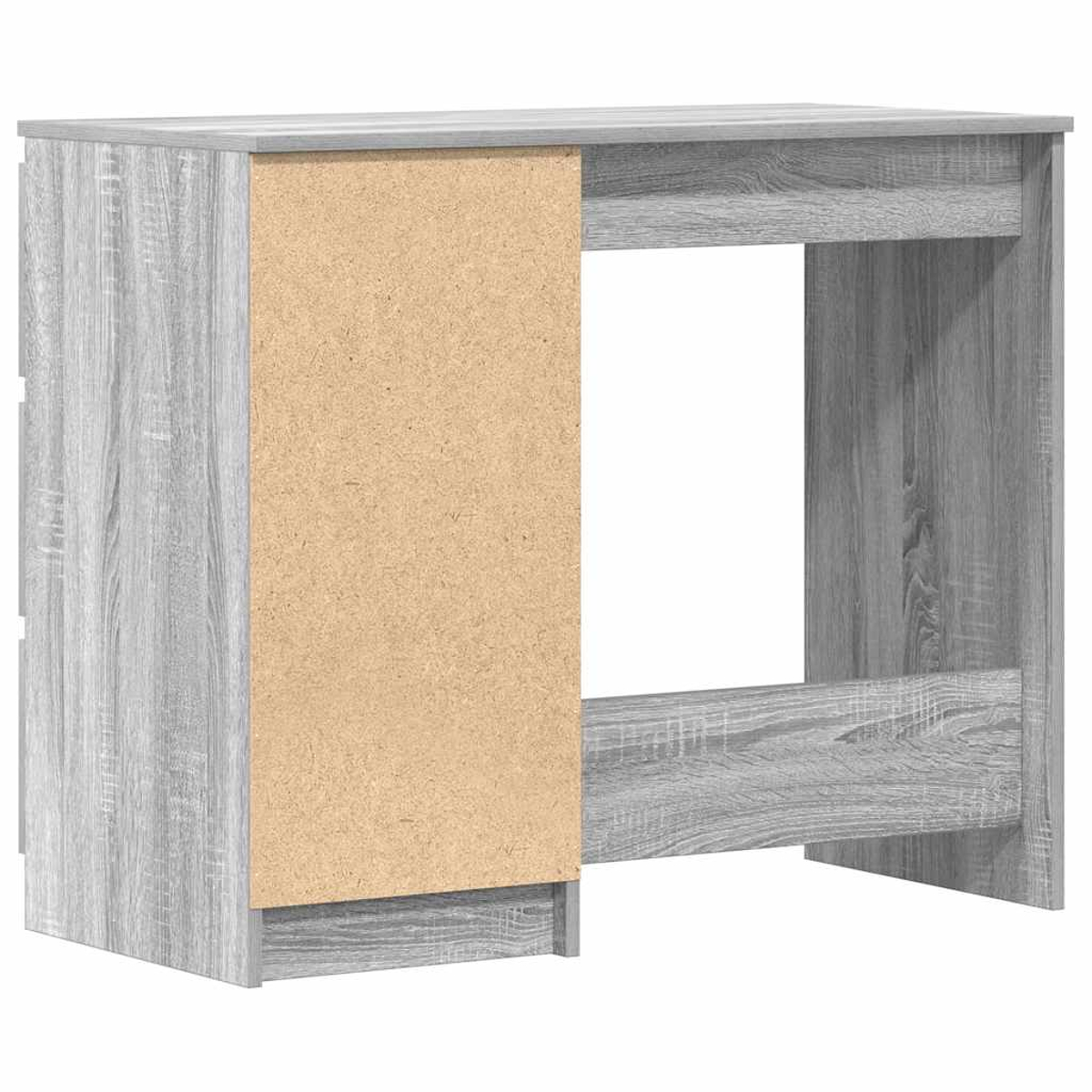 Holzschreibtisch mit grauer Oberfläche. Die Seite besteht aus hellbrauner Spanplatte. Der Schreibtisch hat eine quadratische Form.