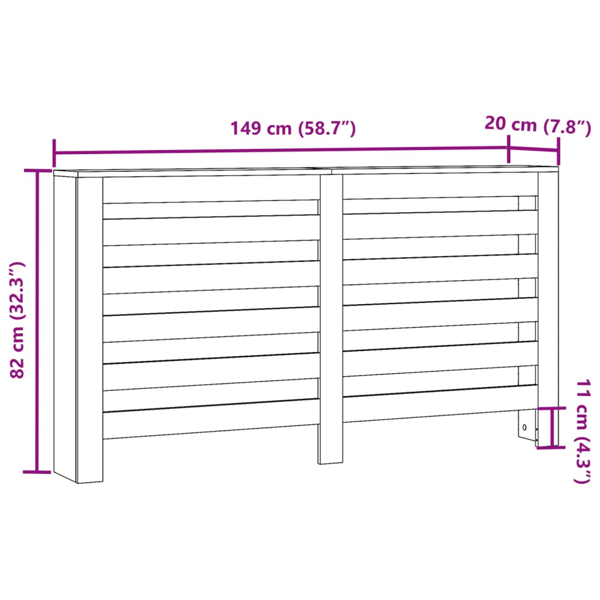 Eine hölzerne Heizkörperverkleidung mit den Maßen: 149 cm breit, 82 cm hoch und 20 cm tief. Sie hat horizontale Lamellen.