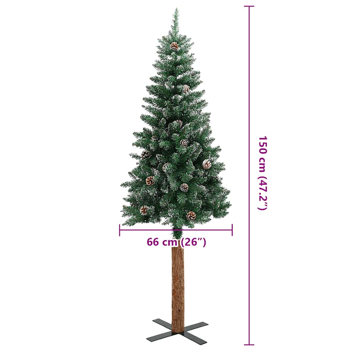 Ein grüner Weihnachtsbaum mit Tannenzapfen, 150 cm hoch. Er hat einen Holzstamm und einen schwarzen Sockel. Die Breite beträgt 66 cm.