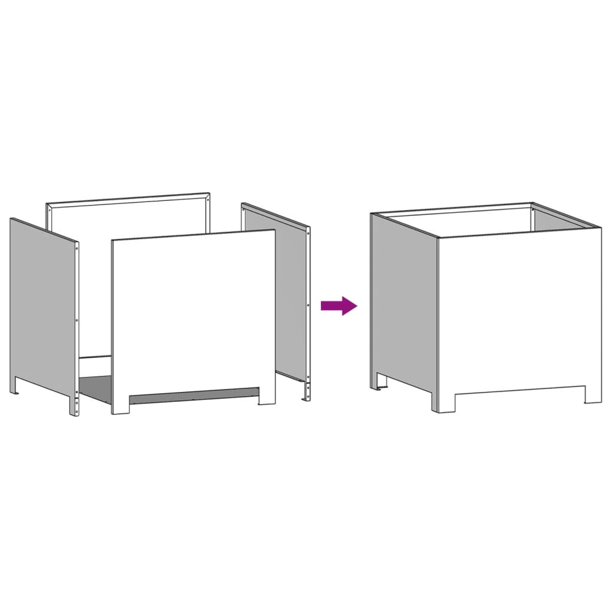 Diagramma di assemblaggio di un cubo. Vengono mostrati quattro pannelli grigi che si uniscono per formare un cubo, con una freccia che indica la direzione.