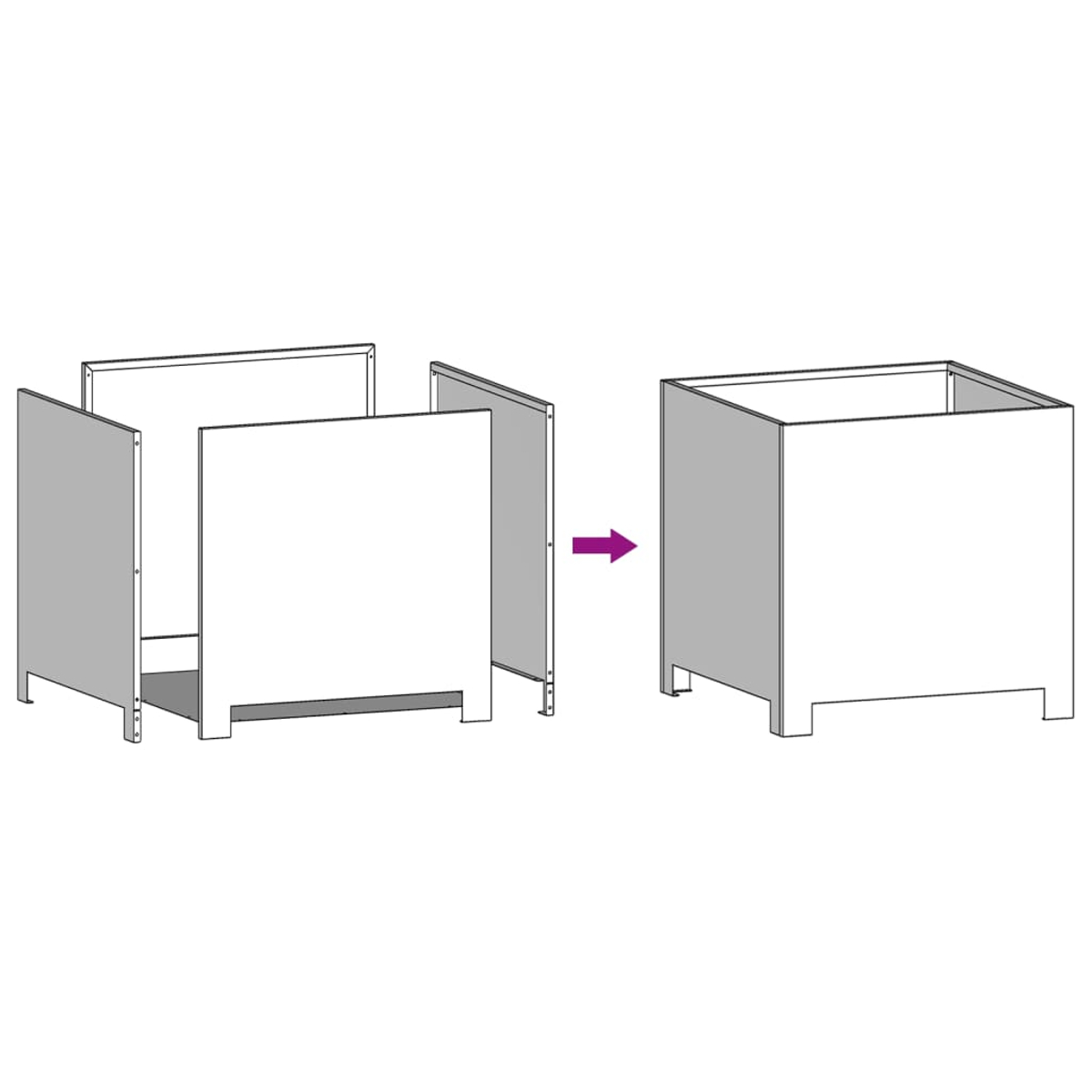 Diagramma che mostra l'assemblaggio di una scatola. Quattro pannelli grigi a sinistra vengono uniti con una freccia viola che punta alla scatola assemblata a destra.