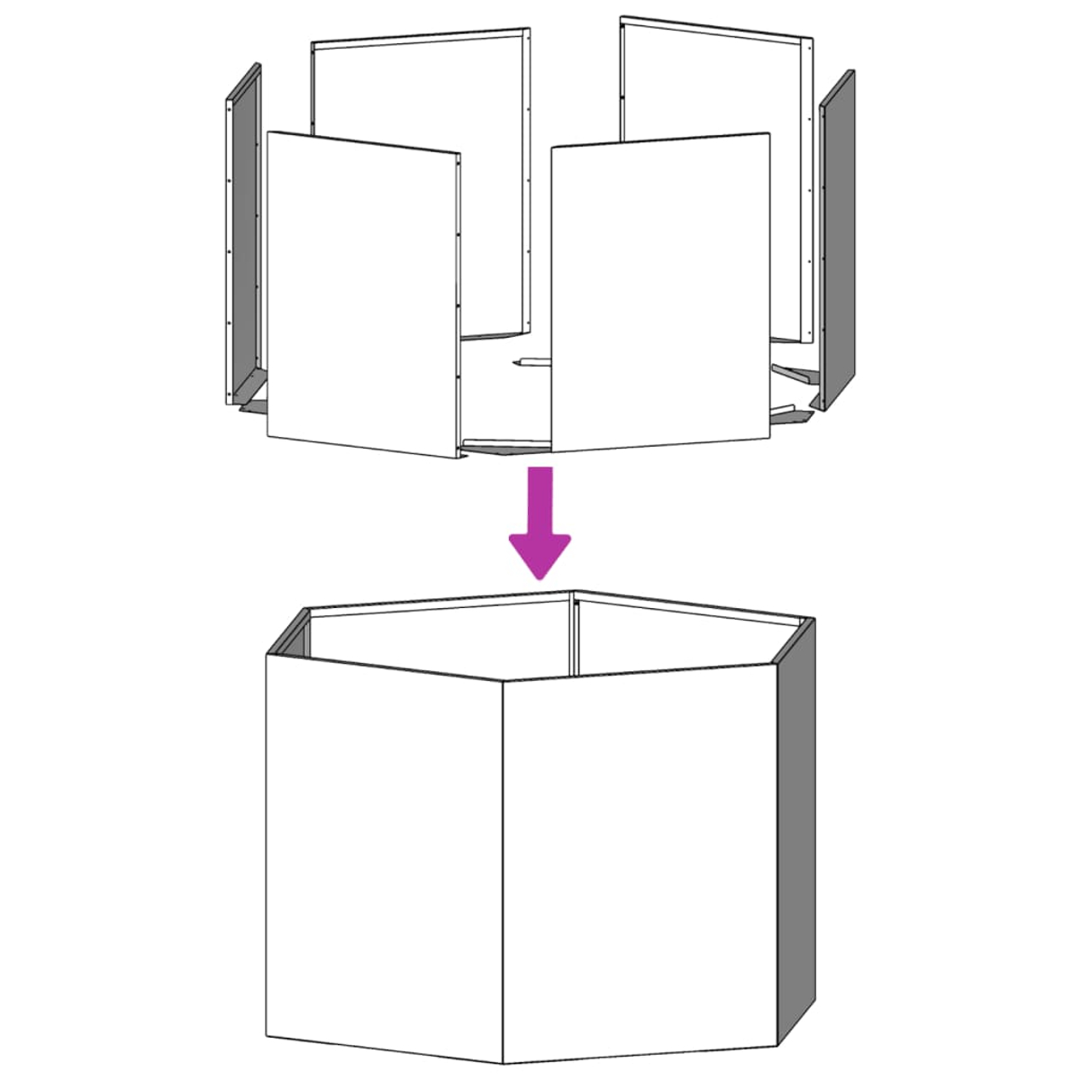 Diagramm eines sechseckigen Bauwerks im Aufbau. Einzelne Paneele oben richten sich nach der Basisstruktur unten aus, angezeigt durch einen lila Pfeil.