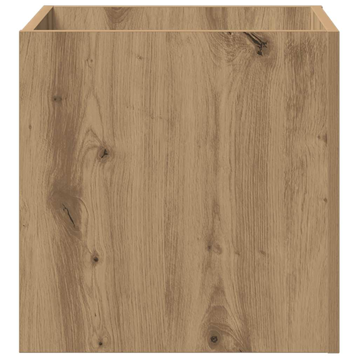 Una scatola quadrata di legno con venature e nodi visibili. Il colore è marrone chiaro. Il bordo superiore è visibile.