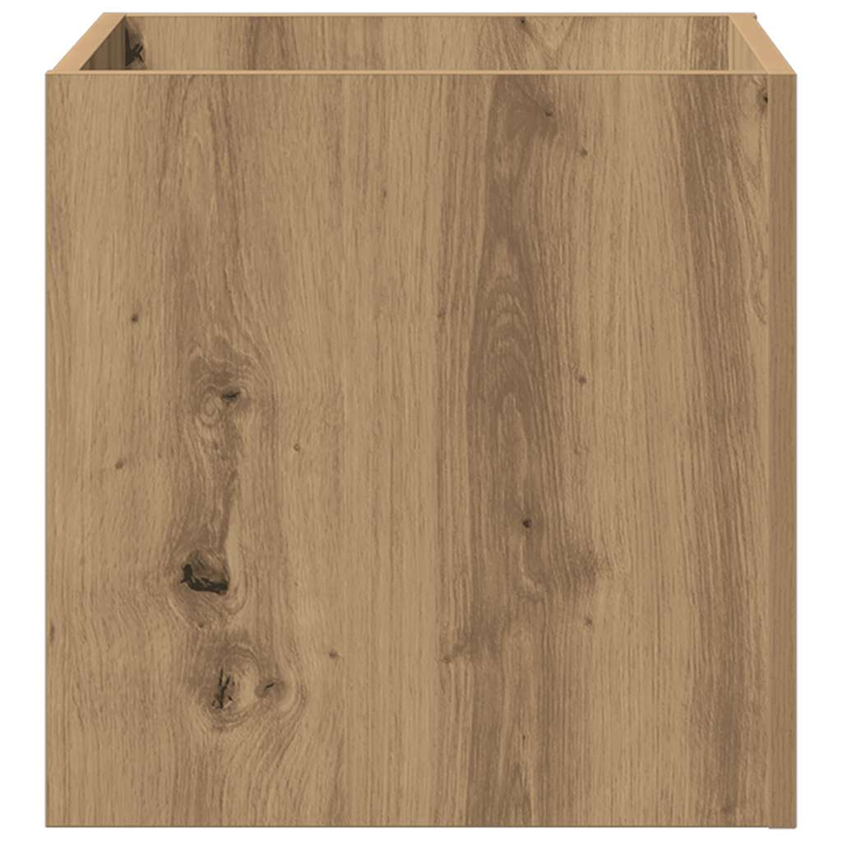 Una scatola di legno con venatura naturale. La scatola è aperta in alto e presenta nodi e motivi visibili.
