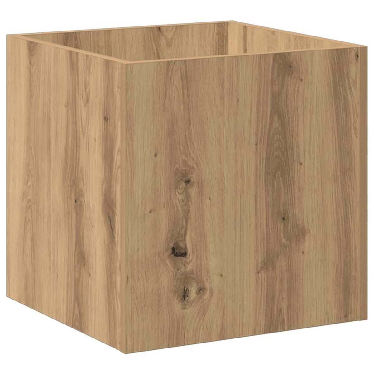 Una scatola di legno di forma quadrata. Il legno è marrone chiaro con venature visibili. La scatola è aperta in alto.