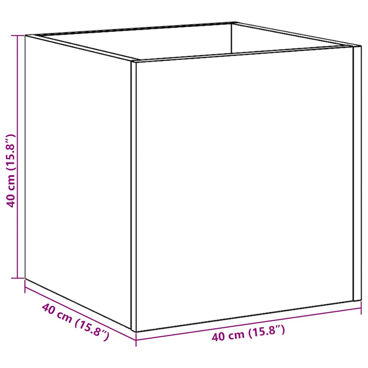 Un cubo bianco, con la parte superiore aperta, con dimensioni di 40 cm (15,8") per lato e altezza.