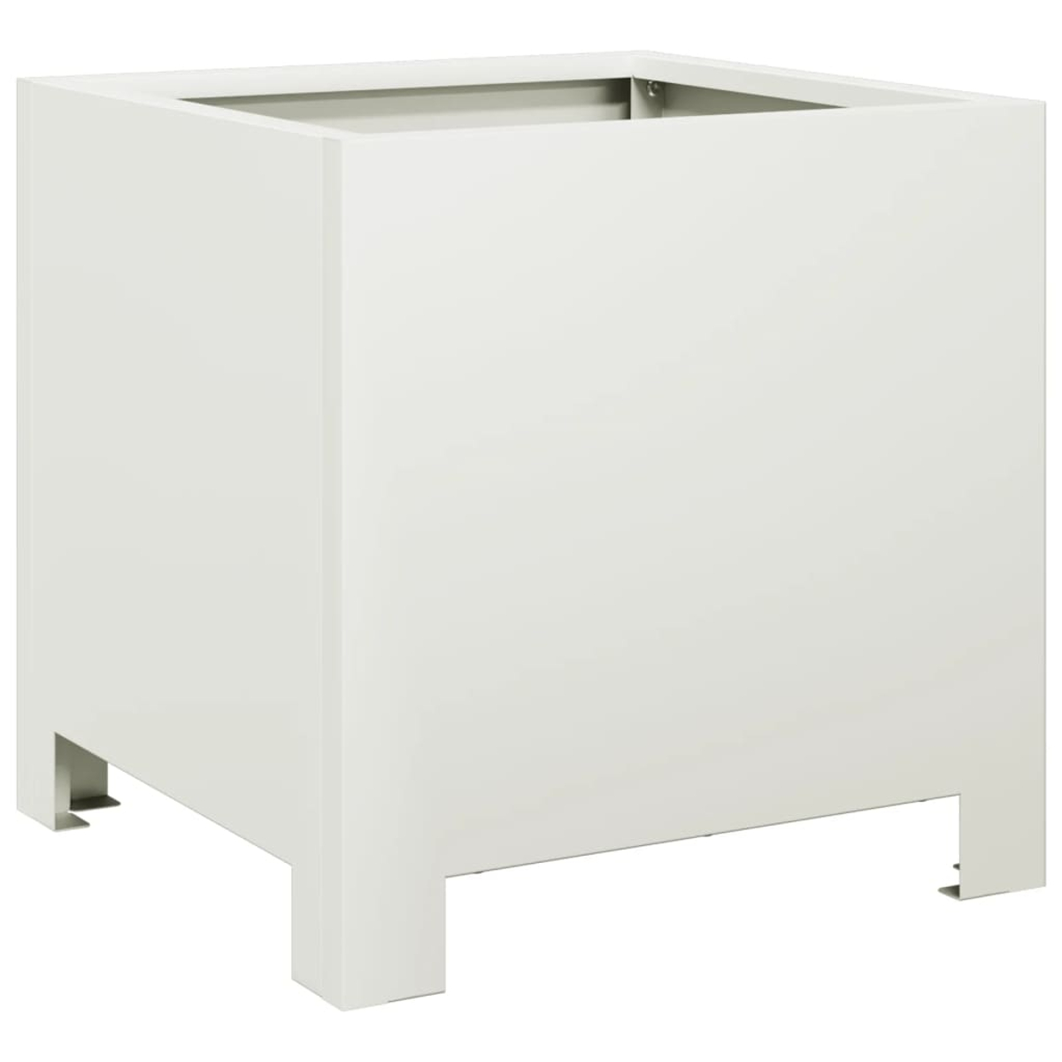 Ein weißer, quadratischer Pflanzkasten mit vier Beinen. Die Innenseite ist oben sichtbar. Der Pflanzkasten hat ein modernes Design und ist isoliert.