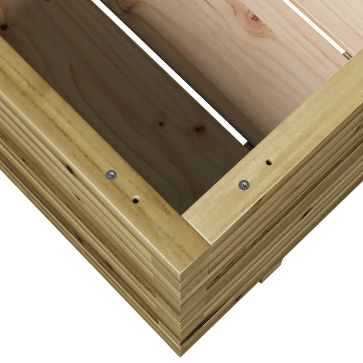 Nahaufnahme eines hölzernen Pflanzkastens. Die Box besteht aus hellfarbenem Holz und hat ein geschichtetes Design. Schrauben sind sichtbar.