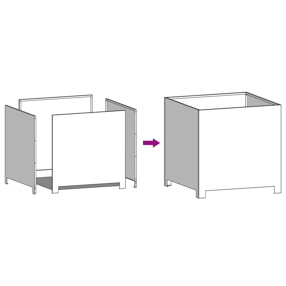 Diagramma che mostra l'assemblaggio di una scatola. La scatola è composta da diversi pannelli che vengono uniti, indicati da una freccia.