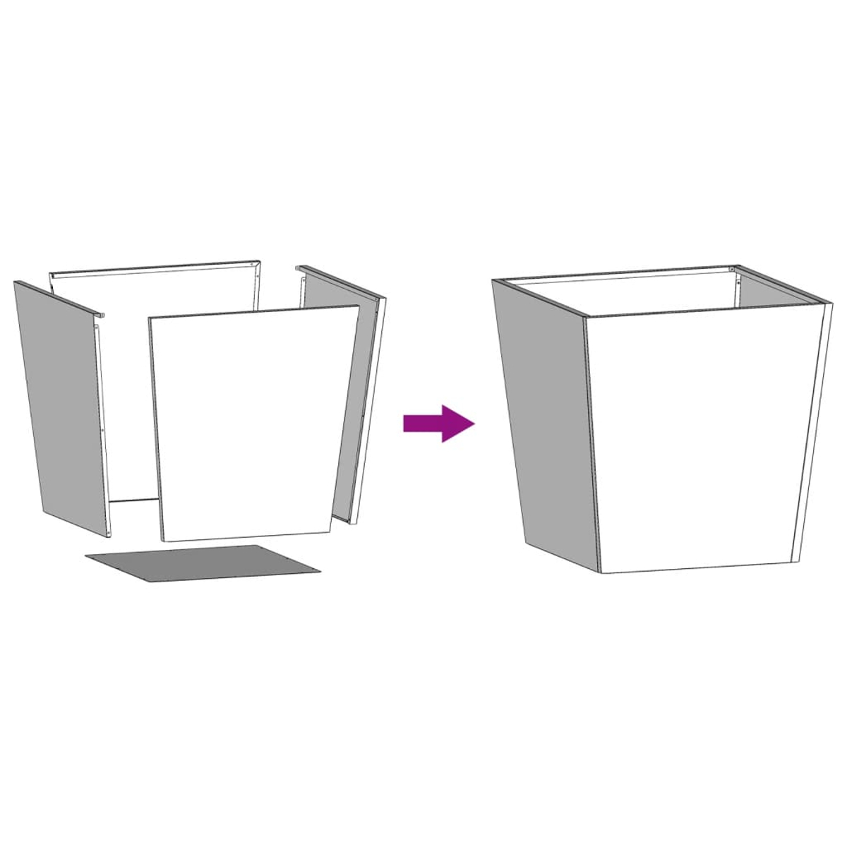 Illustration zeigt die Montage eines quadratischen Pflanzgefäßes. Teile sind links getrennt, rechts montiert, durch einen Pfeil verbunden.