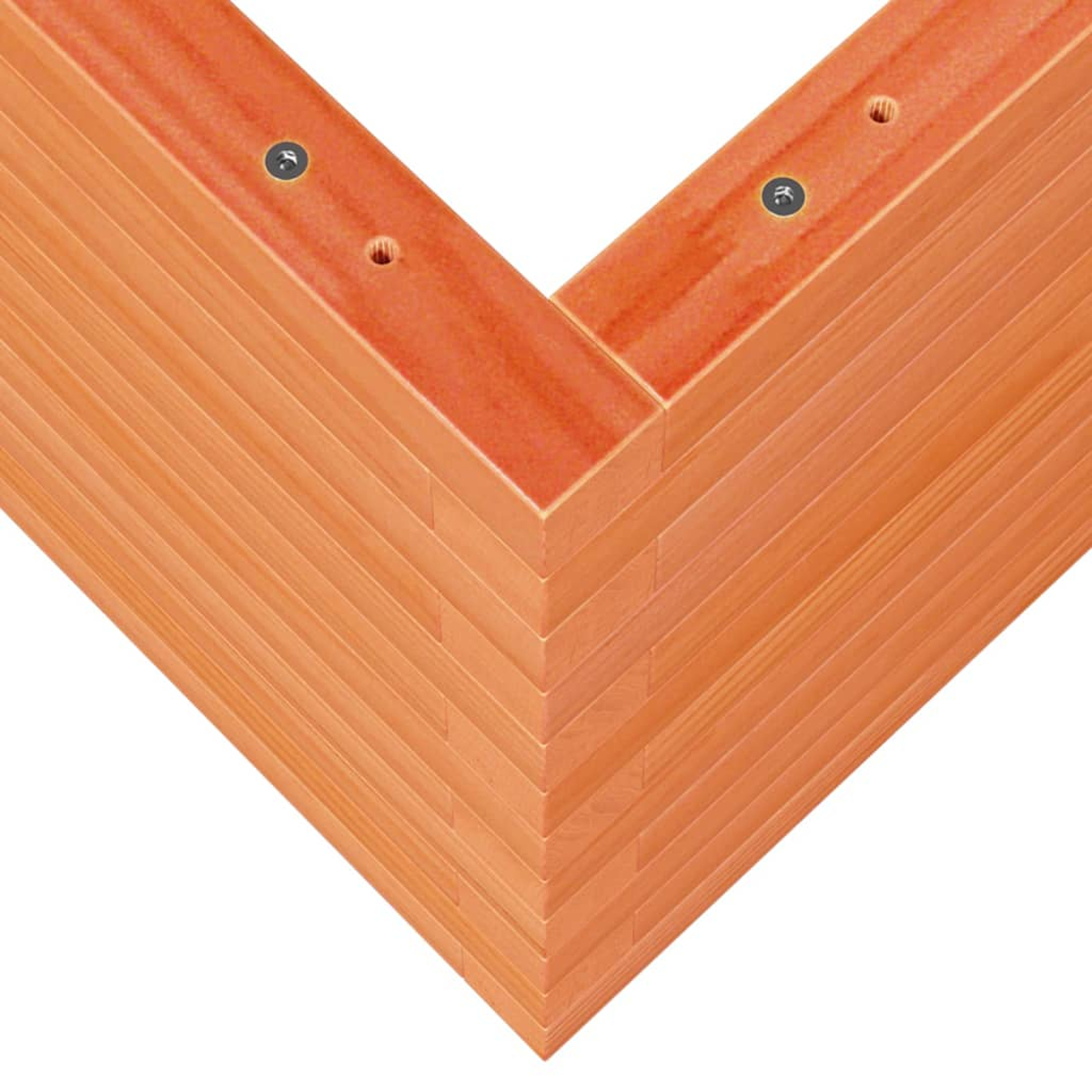 Eine Holzkonstruktion in V-Form ist abgebildet. Das Holz ist orange-braun. An den Verbindungen sind Schrauben zu sehen. Der Hintergrund ist weiß.