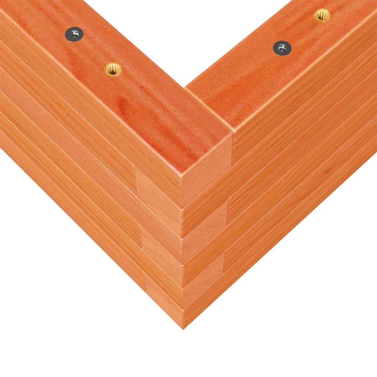 Nahaufnahme einer hölzernen Eckkonstruktion. Das Holz ist rotbraun mit sichtbarer Maserung. Schrauben und Messingeinsätze sind vorhanden.