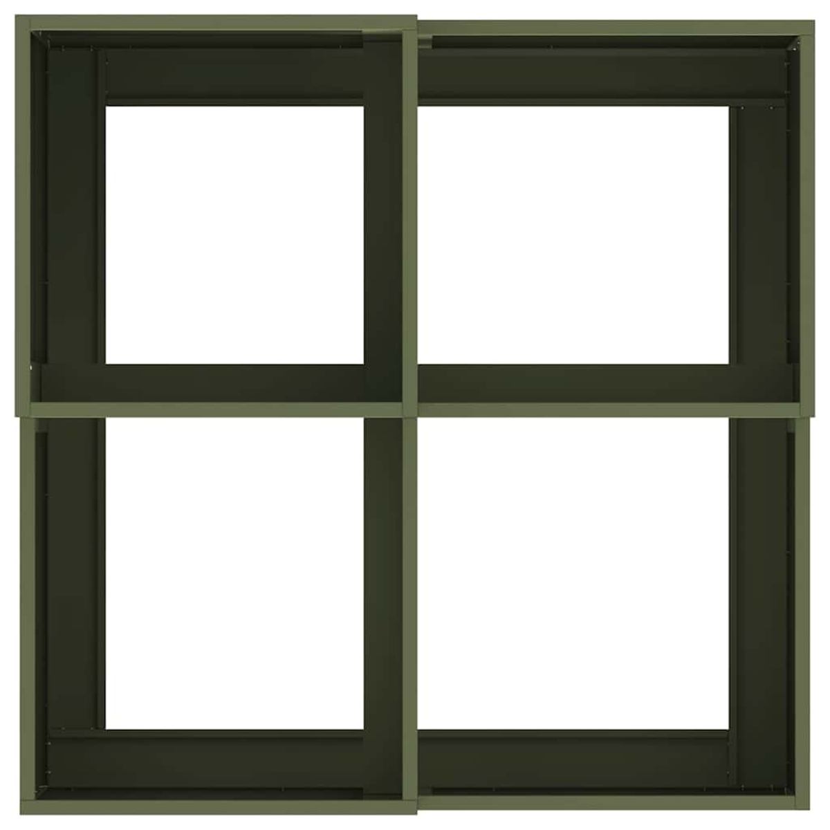 Una struttura quadrata con quattro aperture quadrate uguali. Il telaio è verde scuro e lo sfondo delle aperture è bianco.