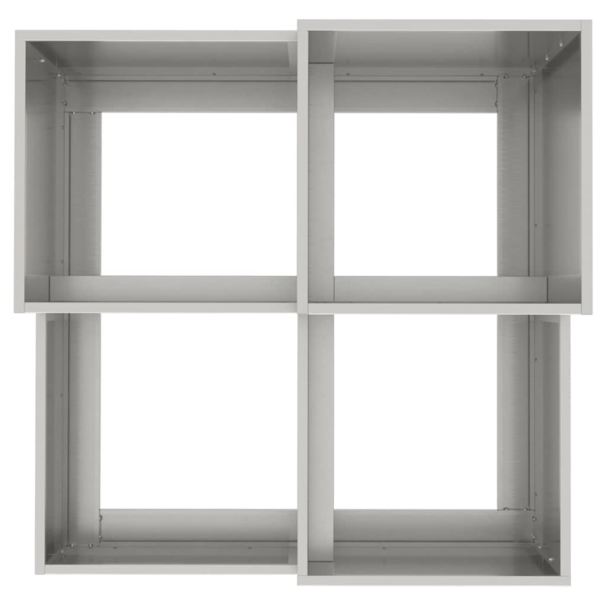 Quattro scatole di metallo grigio interconnesse e aperte. Le scatole sono disposte a griglia, con sfondo bianco.