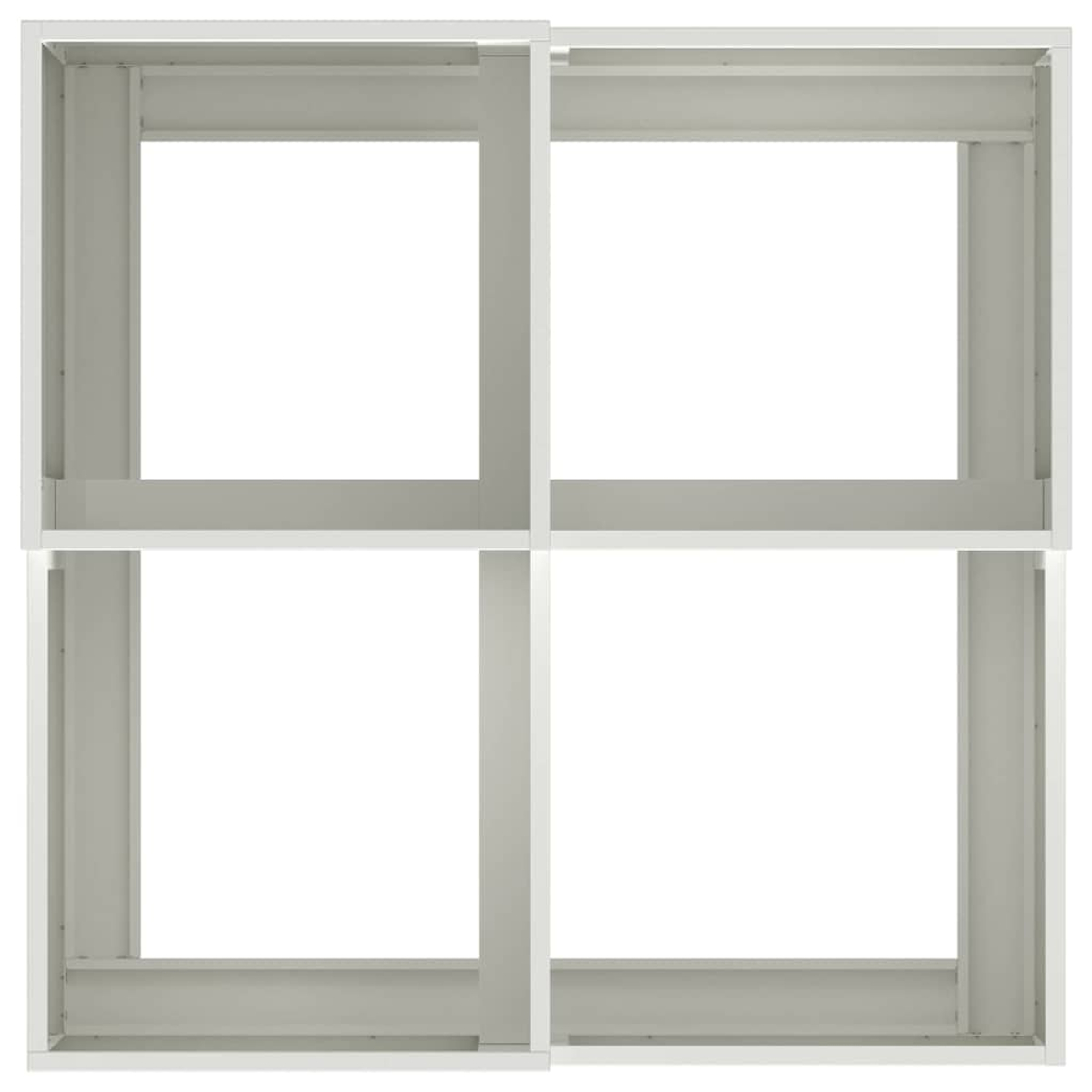 Una libreria quadrata bianca con quattro scomparti aperti. L'unità ha un design pulito e moderno con un'estetica minimalista.