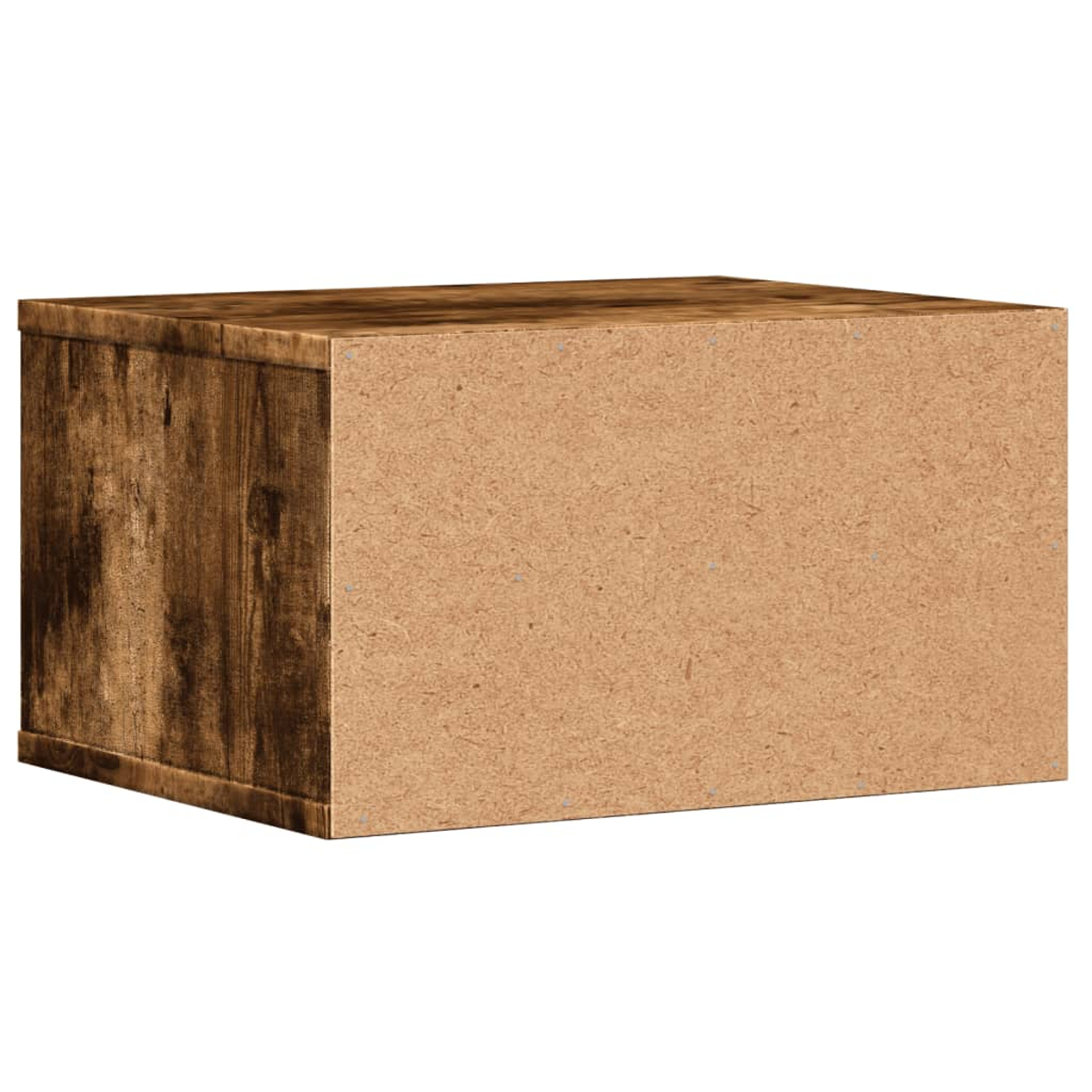 Eine rechteckige Holzkiste mit einer braunen, strukturierten Seitenwand. Die Oberseite ist ebenfalls braun. Die andere Seite ist hellbraun, mit kleinen Nägeln.