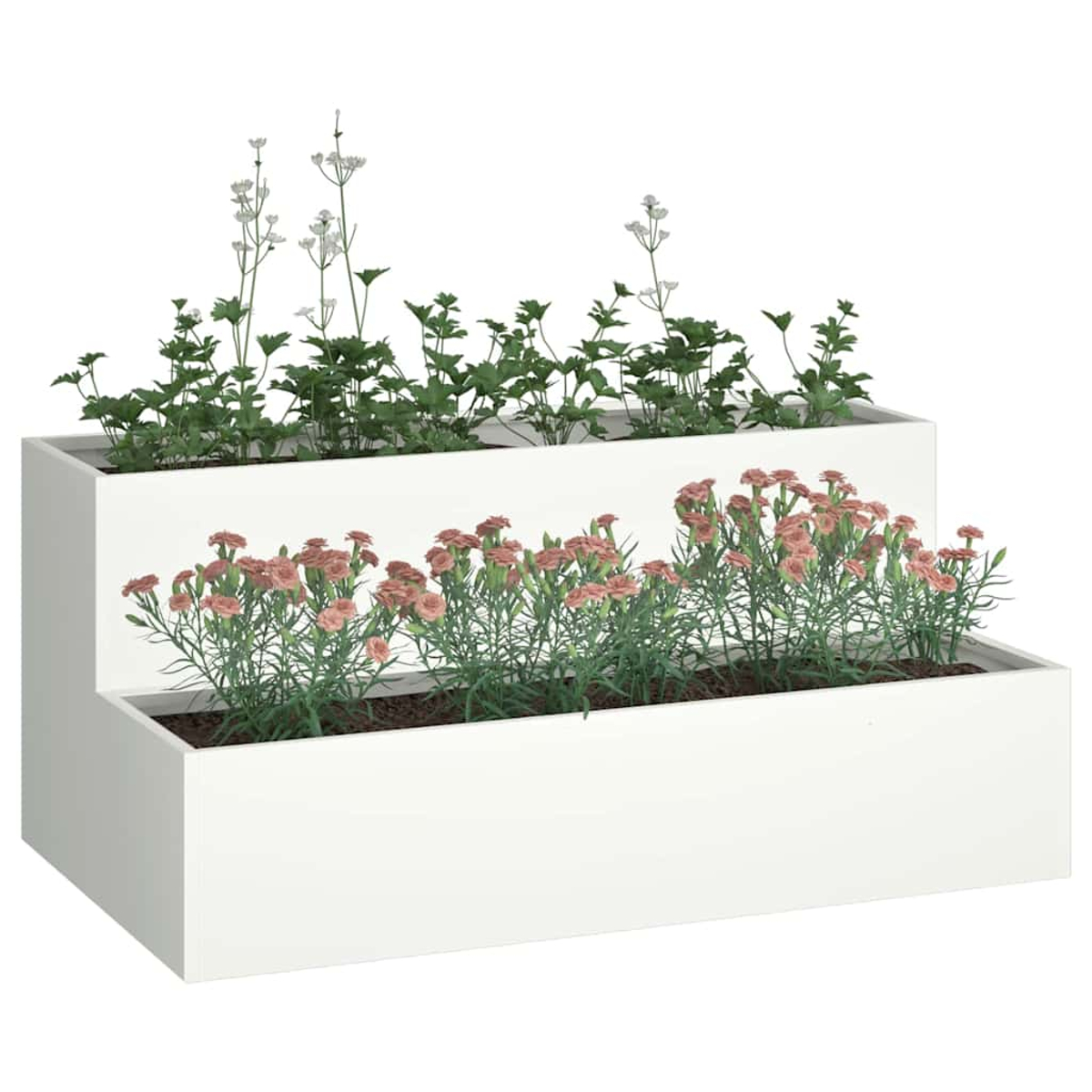 Una fioriera bianca a più livelli con fiori rosa e fogliame verde al livello inferiore e piante verdi al livello superiore.