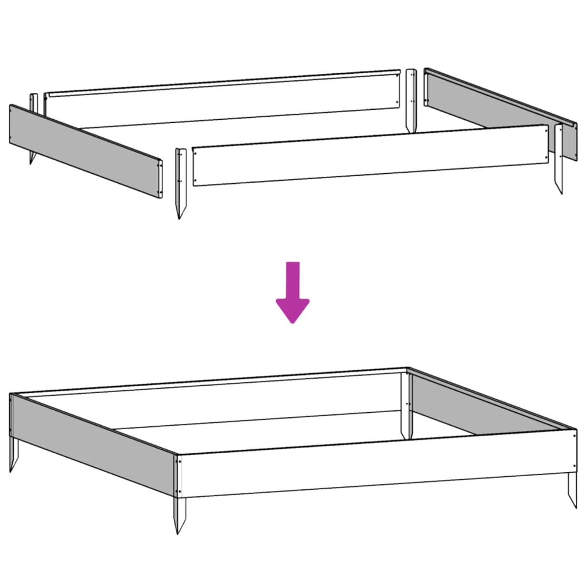 Diagramm zum Zusammenbau eines Bettrahmens. Oben sind die Einzelteile abgebildet. Unten ist der montierte Rahmen zu sehen.
