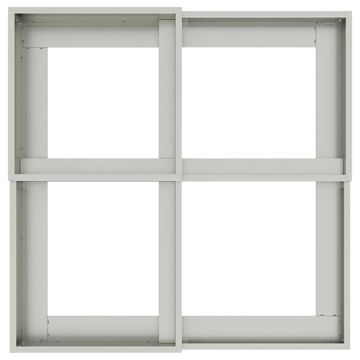Una struttura rettangolare grigia divisa in quattro scomparti quadrati uguali. Ogni quadrato è aperto, con spazio bianco visibile.