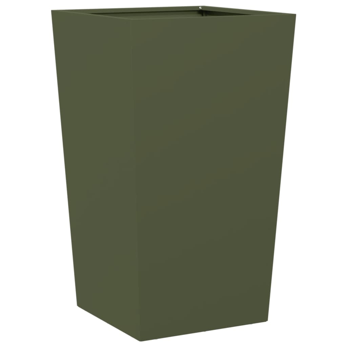 Un'alta fioriera rettangolare verde oliva. La scatola è affusolata, più larga in alto che in basso, e posta su sfondo bianco.