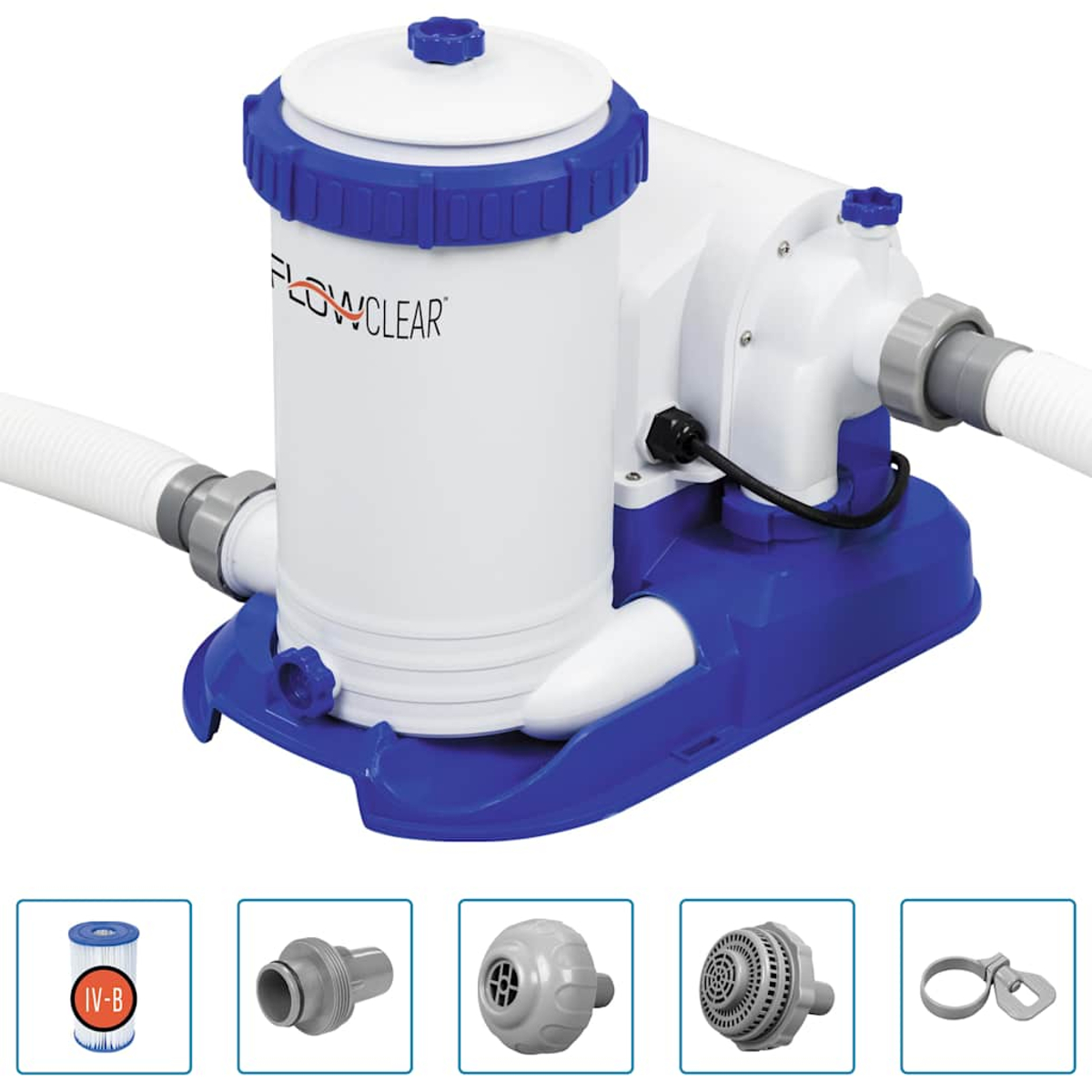 Weiß-blaues Poolfiltersystem mit Schläuchen und Zubehör. Enthält Filter und verschiedene Anschlüsse. Marke FLOWCLEAR.
