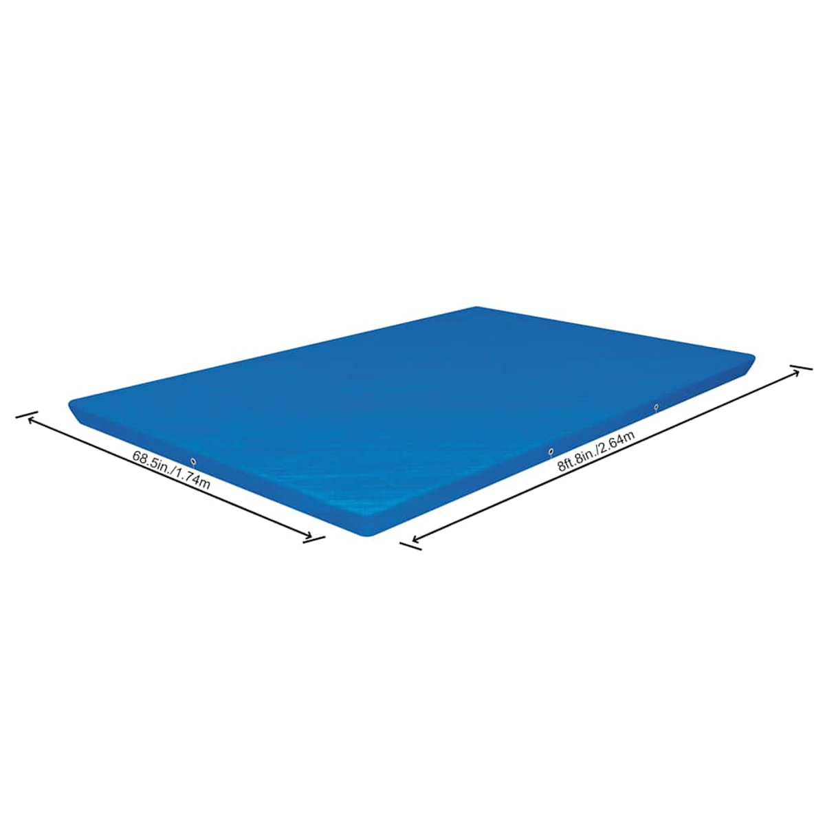 Eine rechteckige blaue Matte mit beschrifteten Abmessungen wird gezeigt. Sie ist 8 Fuß 8 Zoll/2,64 m lang und 68,5 Zoll/1,74 m breit, auf weißem Hintergrund.