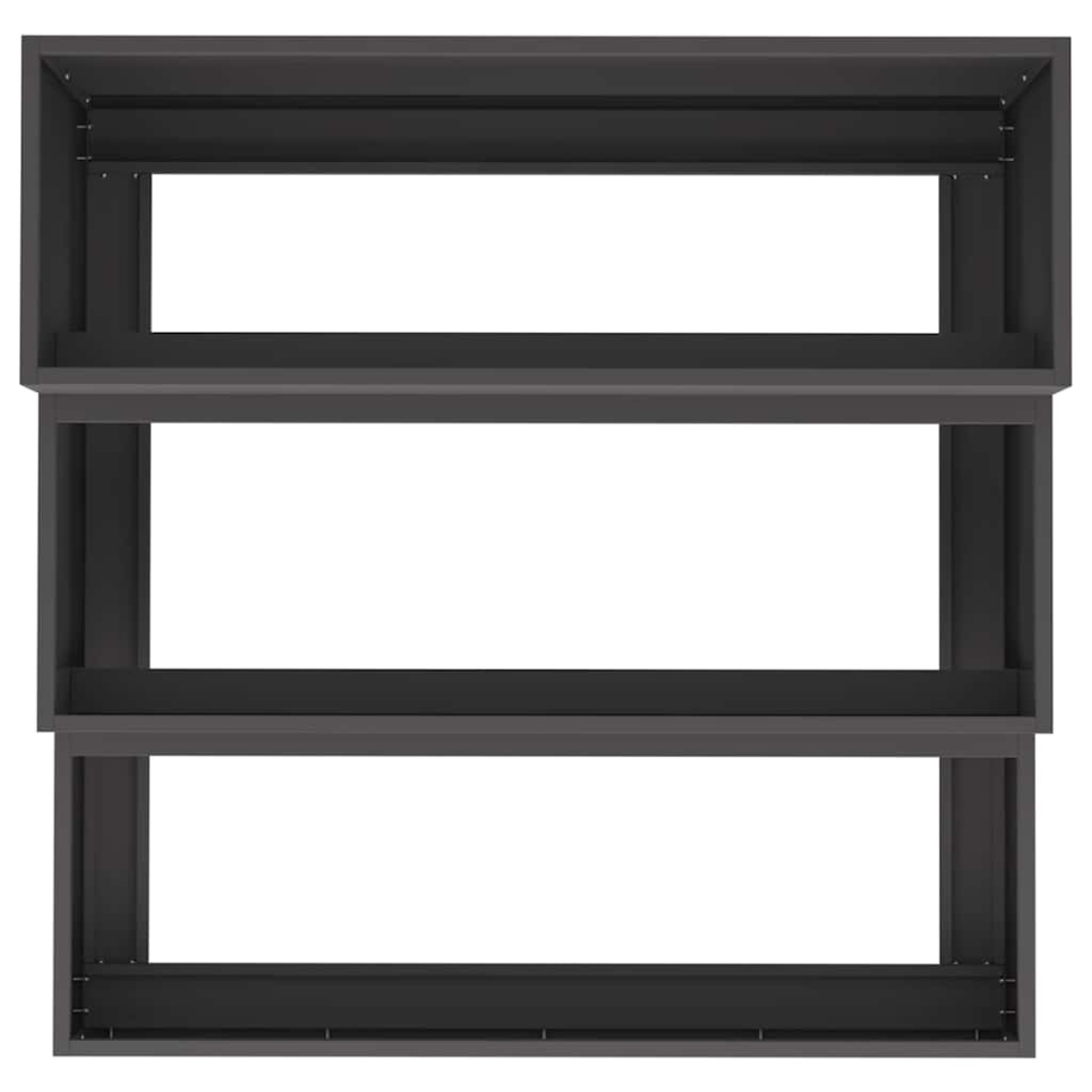 Un'unità scaffale grigio scuro a tre livelli con aperture rettangolari. Lo sfondo è bianco.