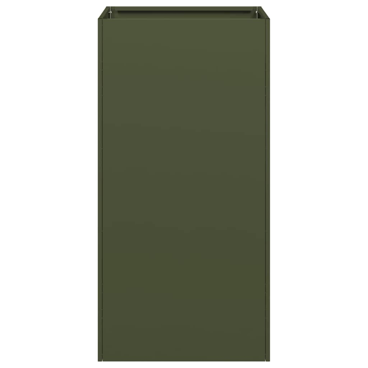 Un oggetto rettangolare alto, verde oliva, con una parte superiore leggermente più chiara e uno sfondo bianco. Sembra un contenitore.