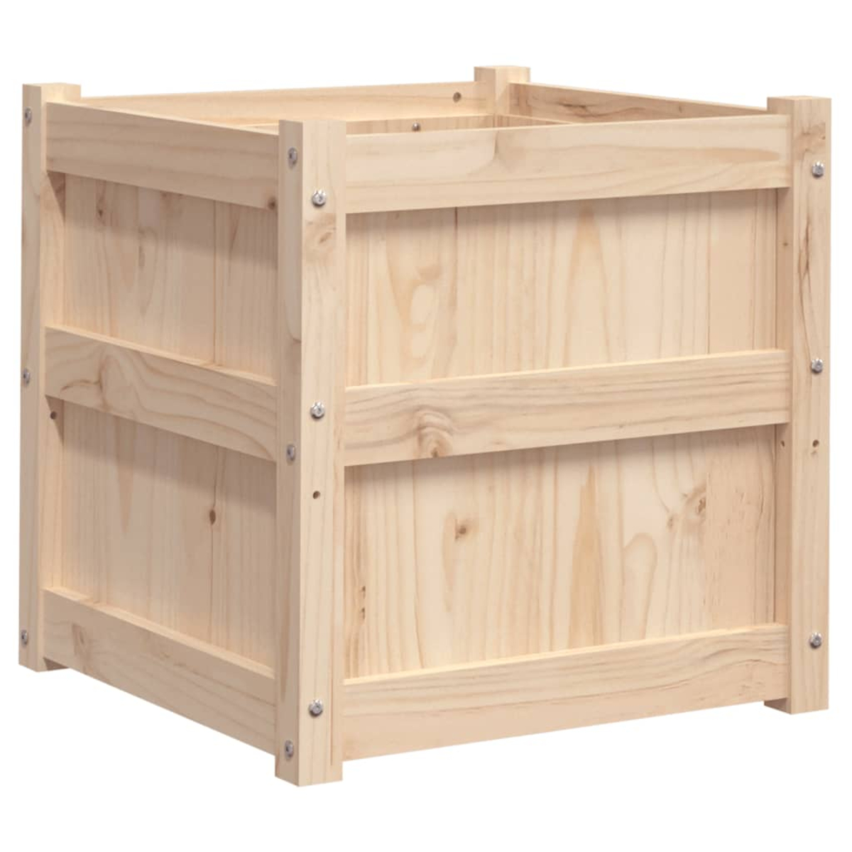 Eine Holzkiste mit sichtbarer Maserung. Sie hat eine quadratische Form mit vertikalen Stützen an den Ecken und horizontalen Latten.