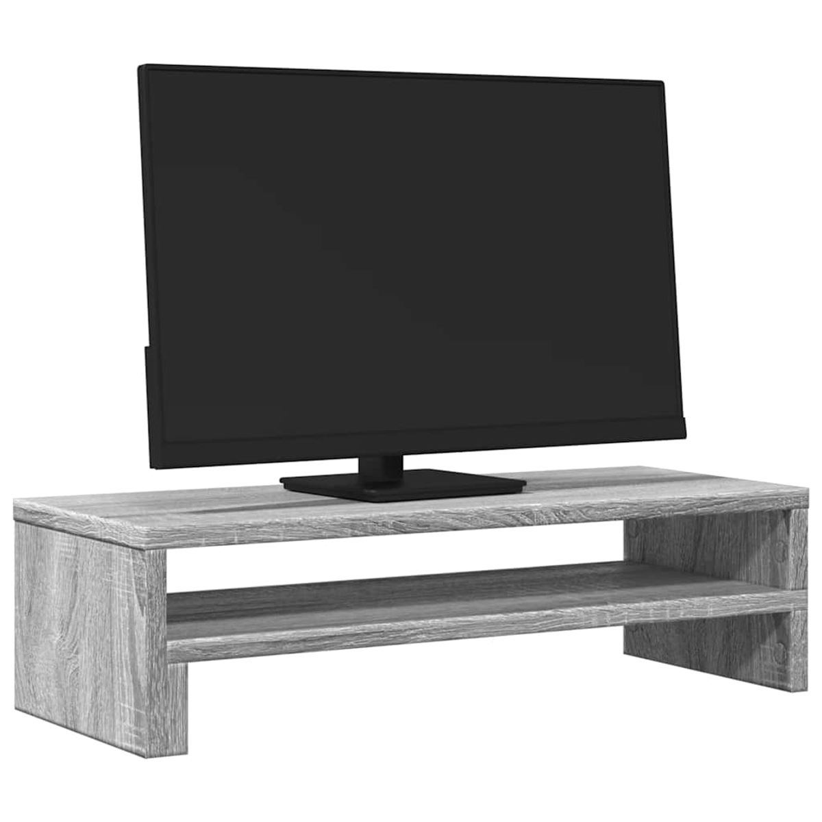 Ein schwarzer Fernseher steht auf einem grauen Holzständer. Der Ständer hat ein Regal. Der Hintergrund ist weiß.