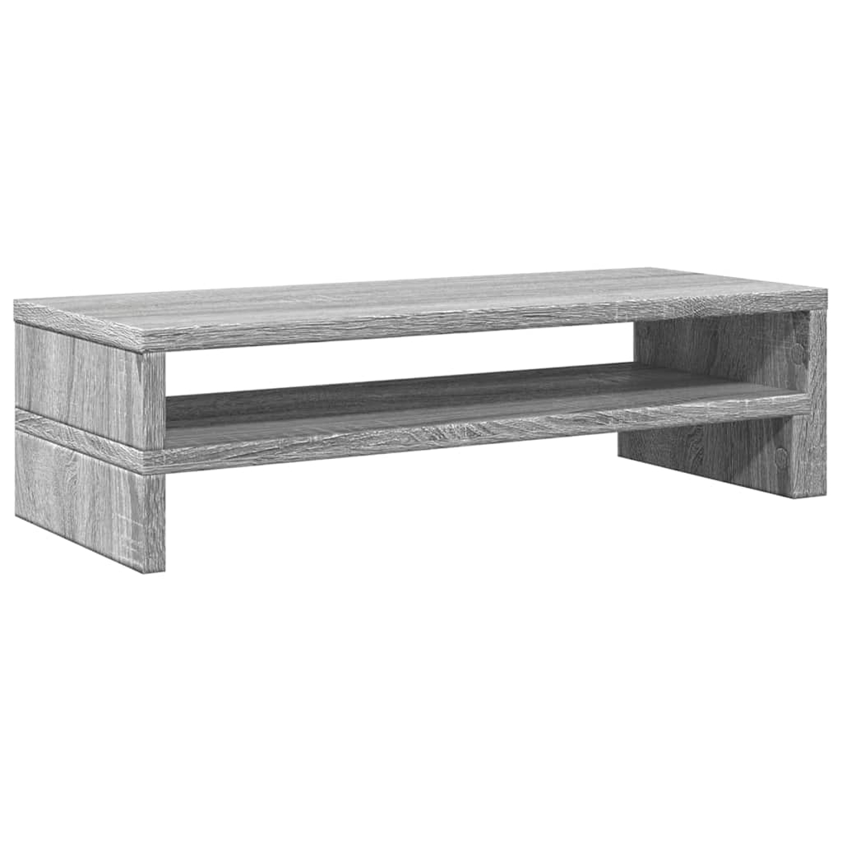 Ein grauer Monitorständer aus Holz mit zwei Ablagen. Er ist rechteckig, hat ein schlichtes Design und eine Holzmaserung.