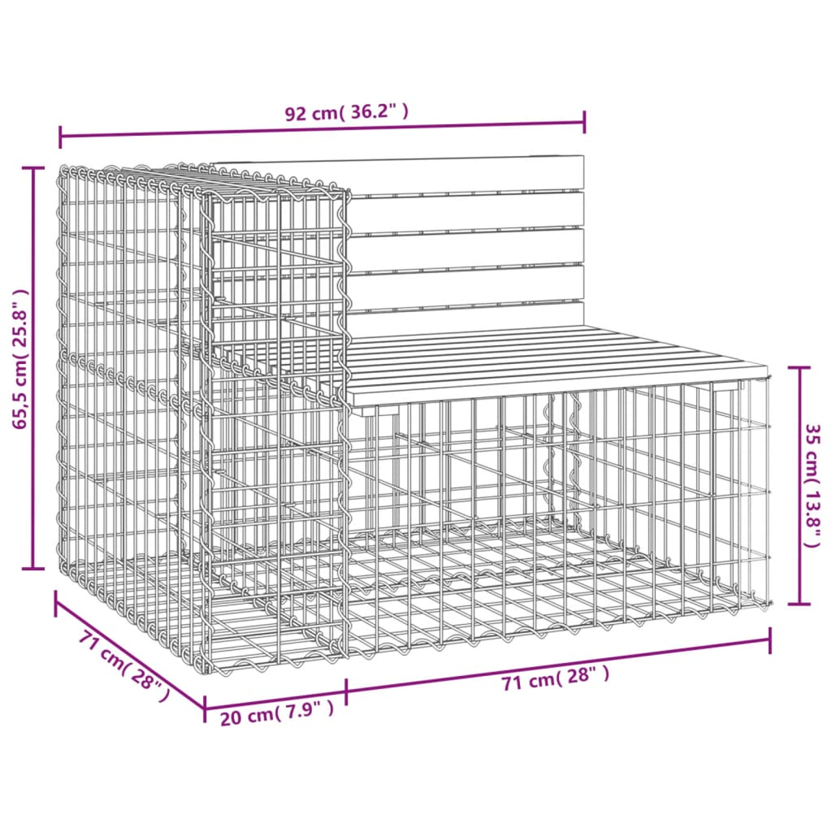 Diagramm einer Gabionenbank. Sie besteht aus Drahtgeflecht und Holzlatten. Die Abmessungen sind in cm und Zoll angegeben.