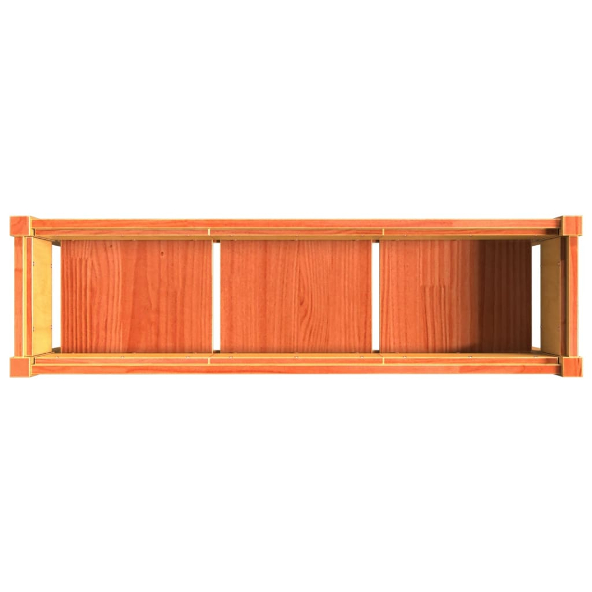 Draufsicht auf eine Holzkiste mit drei Fächern. Das Holz hat eine rotbraune Farbe und eine sichtbare Maserung.
