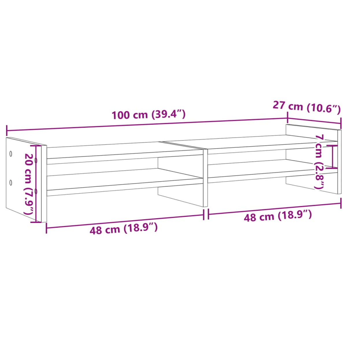 Ein Diagramm zeigt ein Holzregal mit Abmessungen in cm und Zoll. Es hat zwei Regale und eine Stütze in der Mitte.