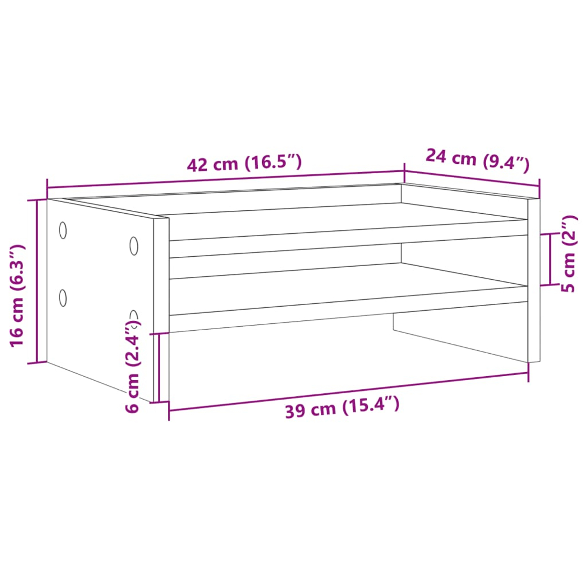 Diagramm eines Holz-Schuhregals mit Maßen. Das Regal hat zwei Ablagen. Abmessungen sind in cm und Zoll angegeben.