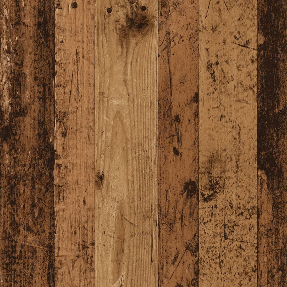Vertikale Holzbretter in verschiedenen Brauntönen. Kratzer und Knoten sind sichtbar, was ein rustikales Aussehen verleiht.