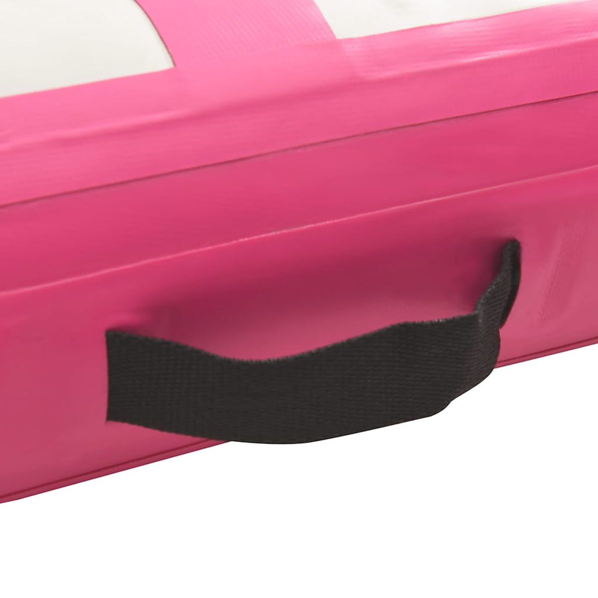 Nahaufnahme eines rosa rechteckigen Objekts mit einem schwarzen Griff. Das Objekt hat oben einen weißen Streifen.