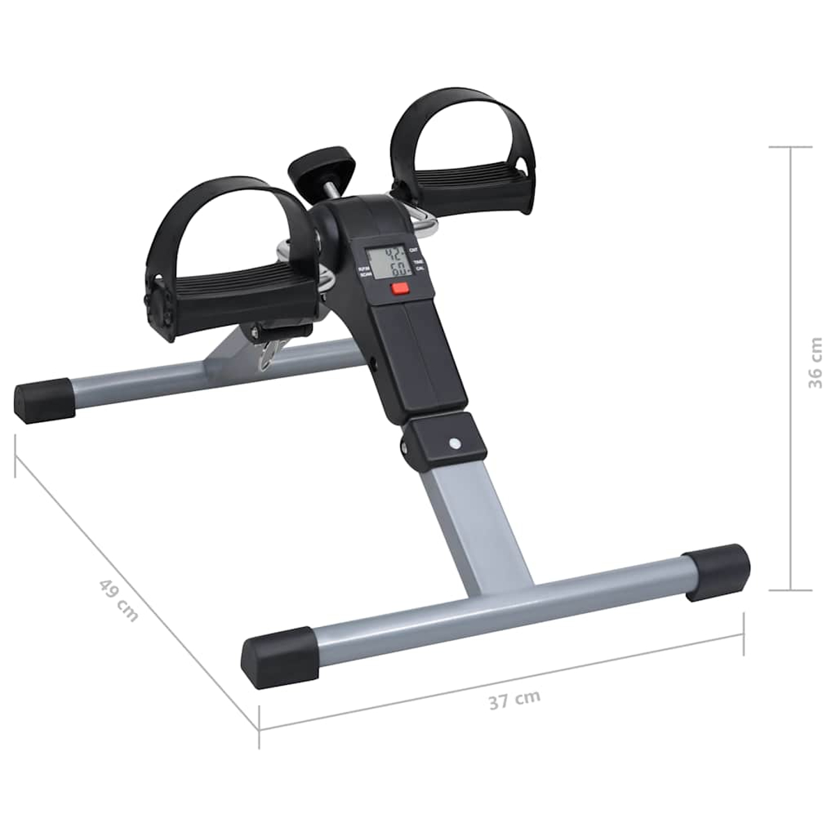 Ein Trainingsfahrrad mit Pedalen und Digitalanzeige. Das Fahrrad ist grau und schwarz, mit den angegebenen Abmessungen 49 cm, 37 cm und 36 cm.