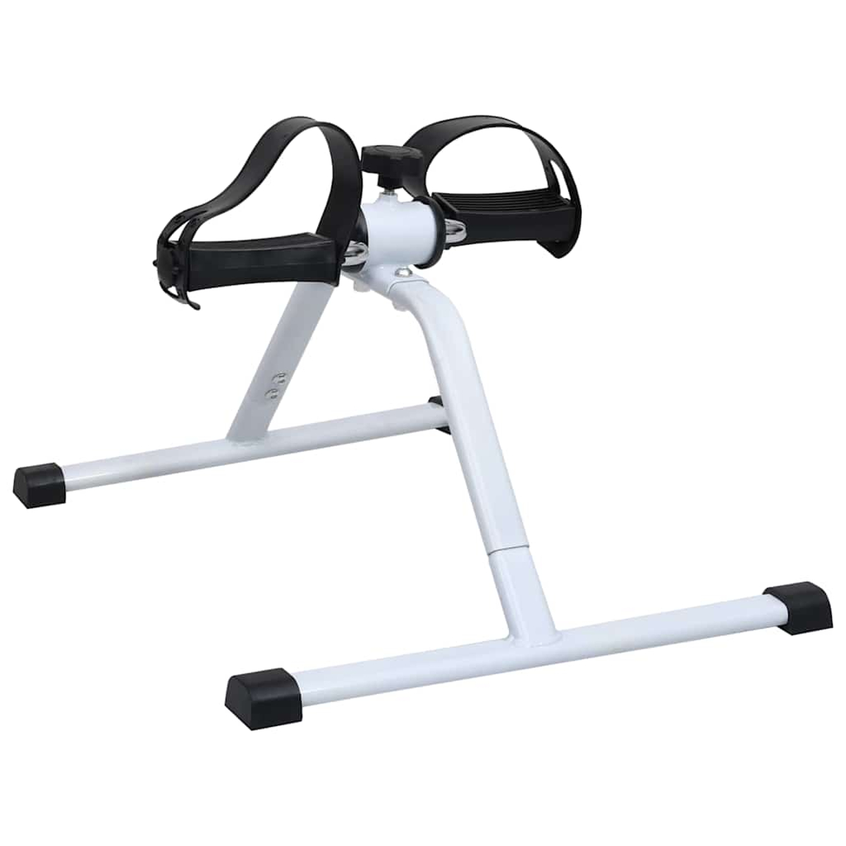 Ein weißes und schwarzes Mini-Heimtrainer. Es hat schwarze Pedale mit Riemen, einen weißen Rahmen und schwarze Gummifüße.