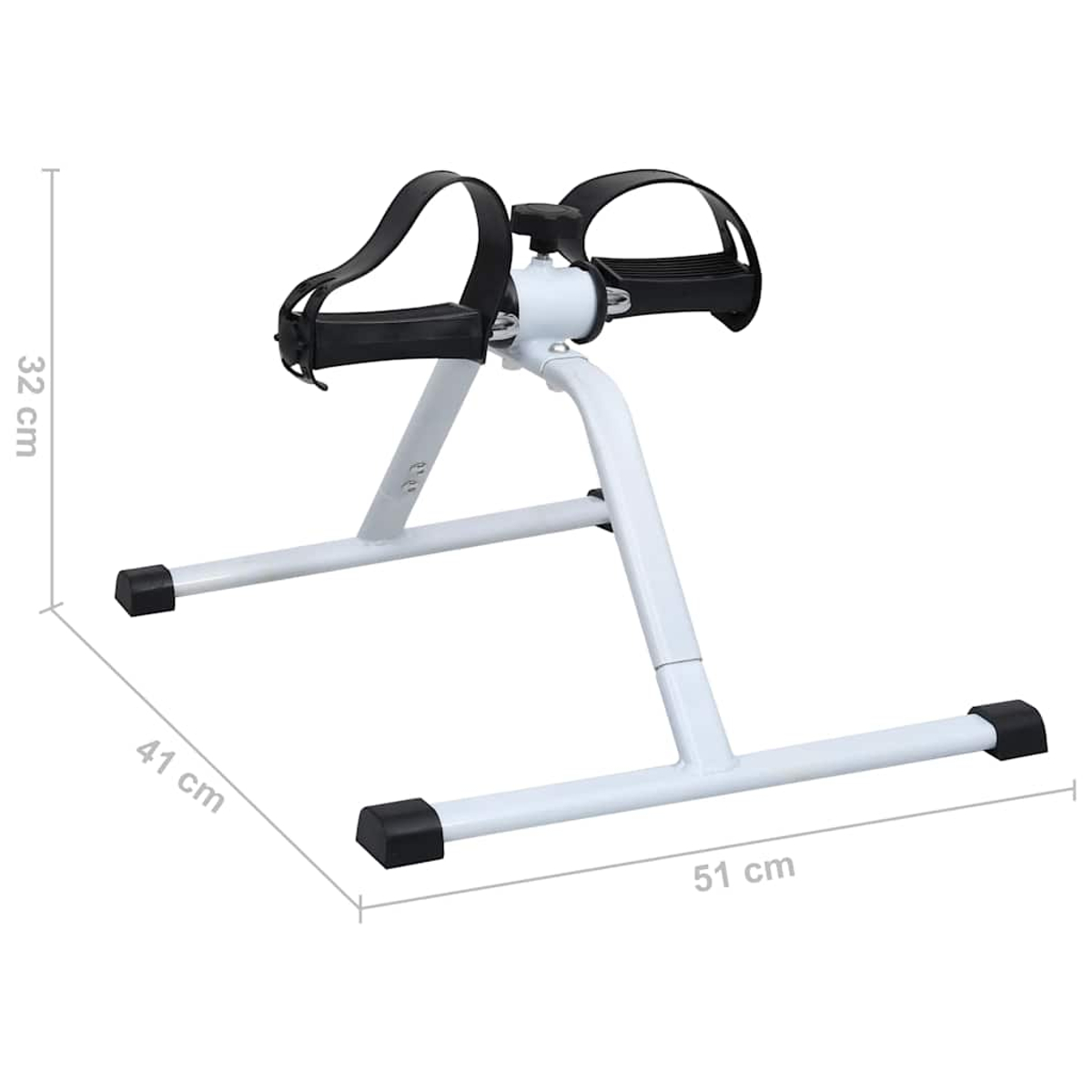 Eine weiße, tragbare Trainingspedalmaschine mit schwarzen Pedalriemen. Abmessungen: 32x41x51 cm. Schwarze Gummifüße.