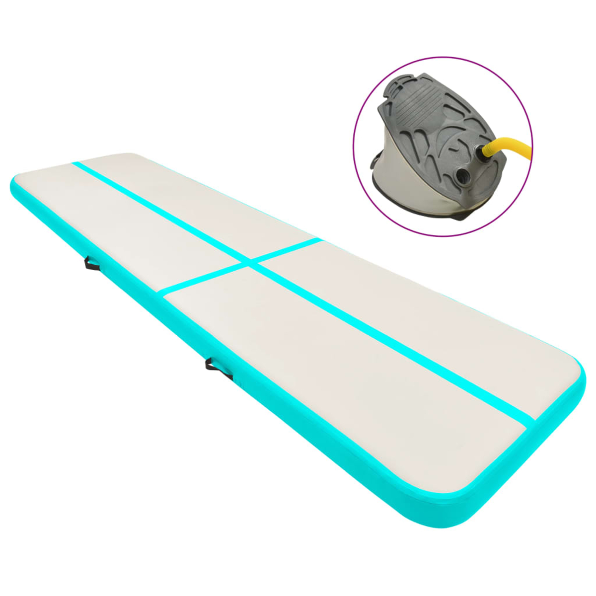 Eine Airtrack-Matte mit weißer Oberfläche, türkisfarbenen Kanten und Linien. Eine Pumpe in einem Kreis befindet sich oben rechts.