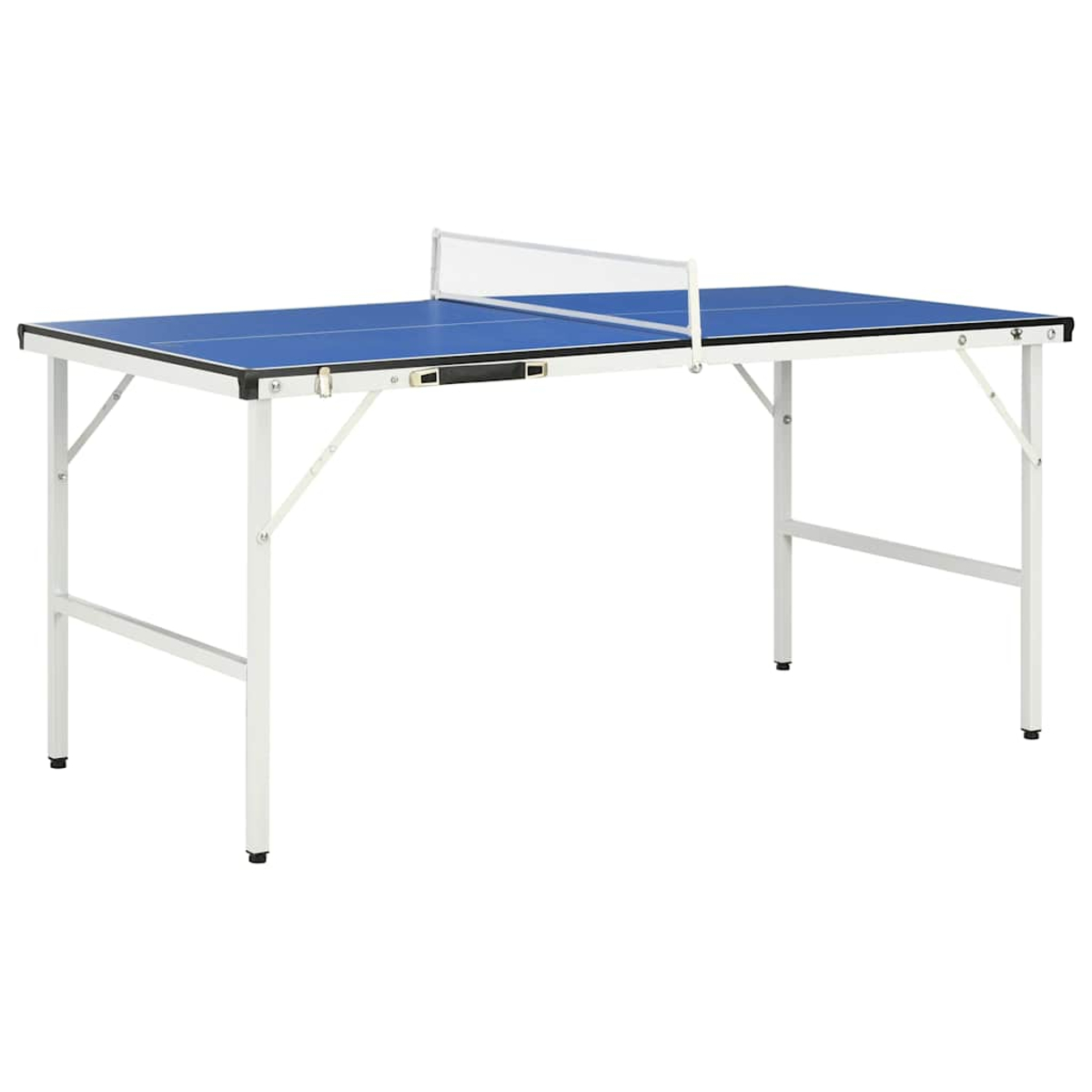 Ein blauer Tischtennistisch mit weißen Beinen und einem Netz in der Mitte. Der Tisch ist aufgestellt und spielbereit, auf weißem Hintergrund.
