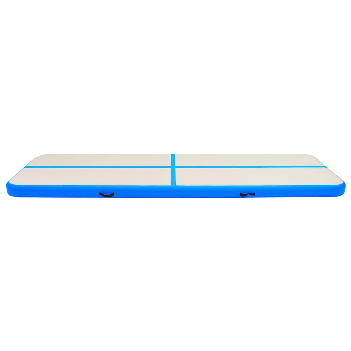 Eine aufblasbare Airtrack-Matte mit weißer Oberseite, blauen Seiten und blauen Linien. Schwarze Griffe sind sichtbar.