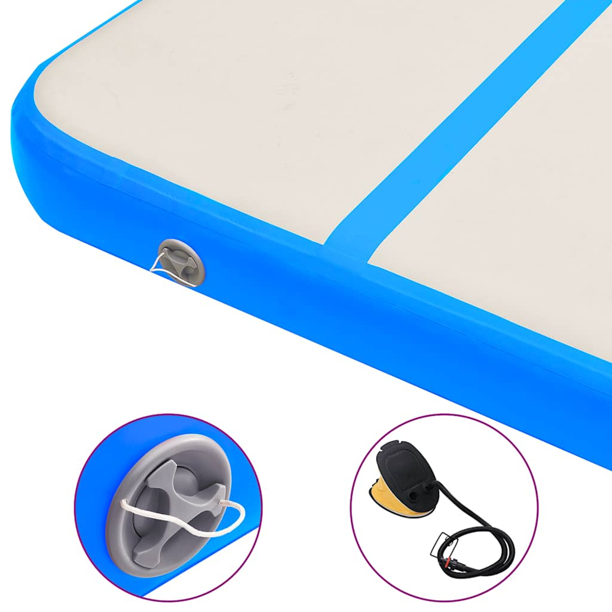 Blaue aufblasbare Mattenecke mit Ventil und Pumpe. Details umfassen weißen Innenraum, blauen Rand und eine Pumpe mit schwarzem Kabel.