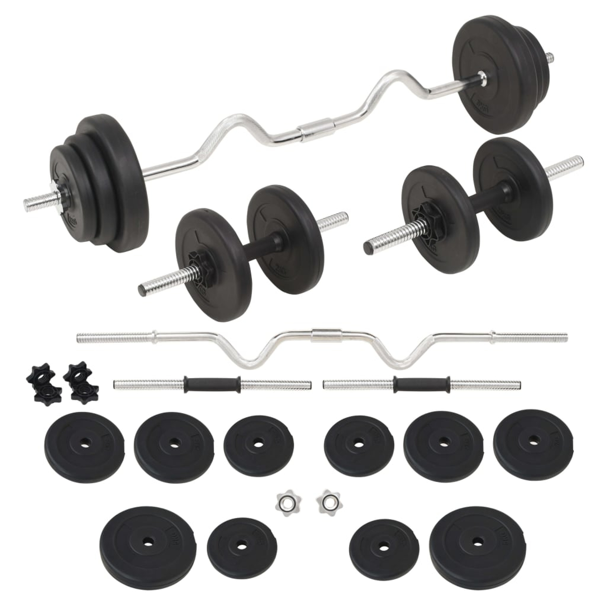 Sortiment an Fitnessgeräten, darunter Langhanteln, Kurzhanteln, Gewichtsscheiben und Verschlüsse, alles in Schwarz und Silber.