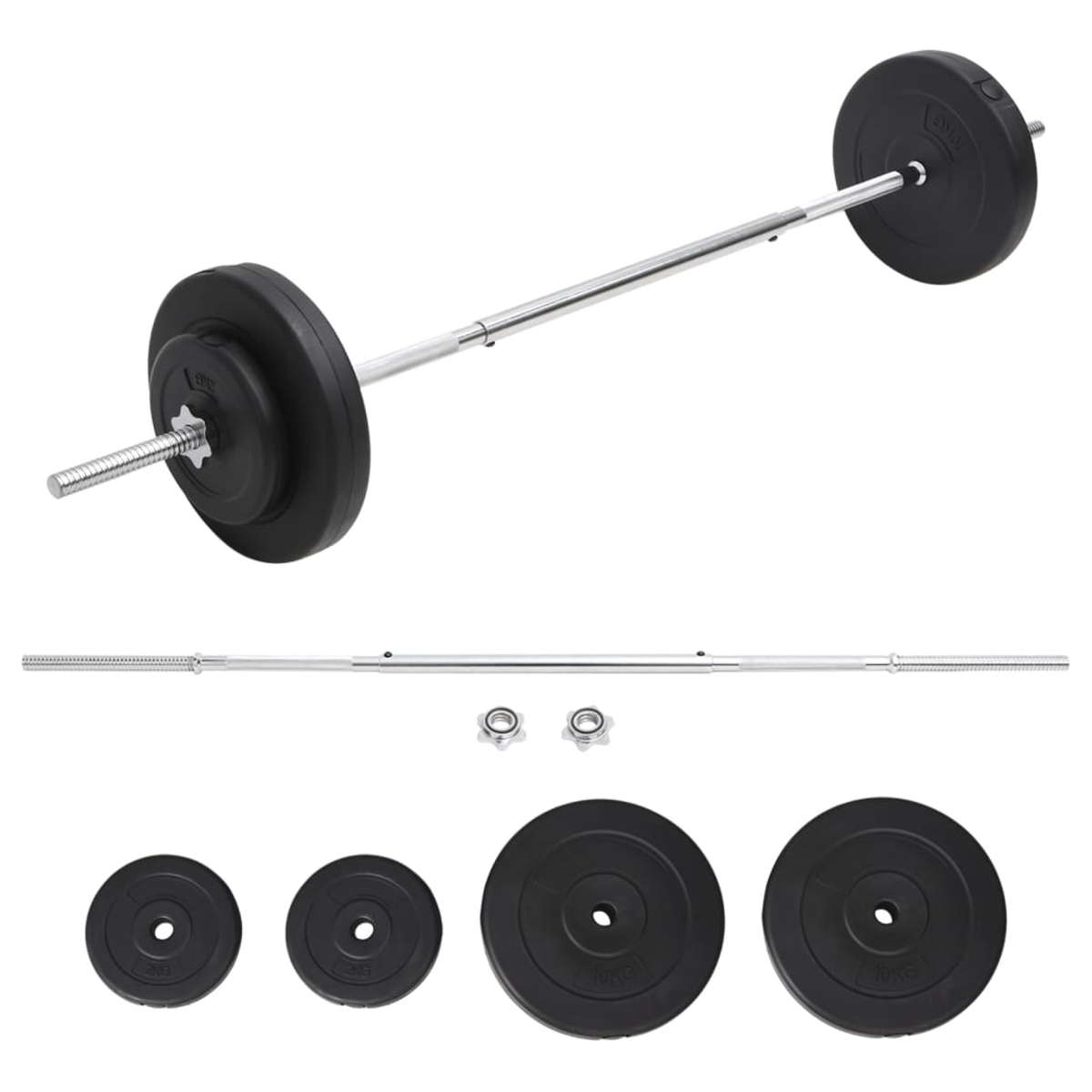 Eine Langhantel mit schwarzen Gewichtsplatten. Darunter eine zerlegte Langhantel mit Platten und Befestigungen.