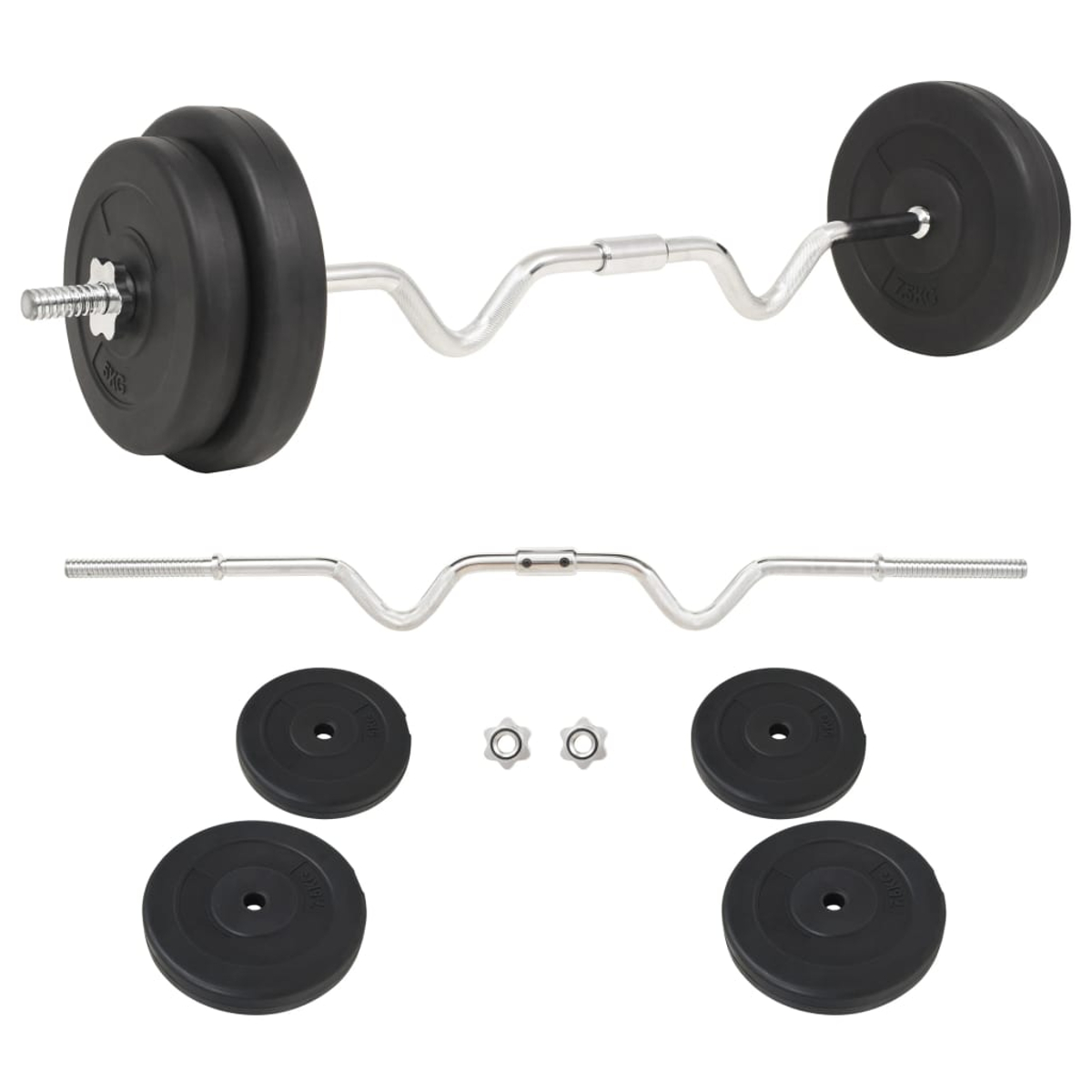 Ein Set an Fitnessgeräten auf Weiß. Enthält eine Hantel mit Gewichten, lose Gewichte und Kragen. Schwarze Gewichte und silberne Stange.