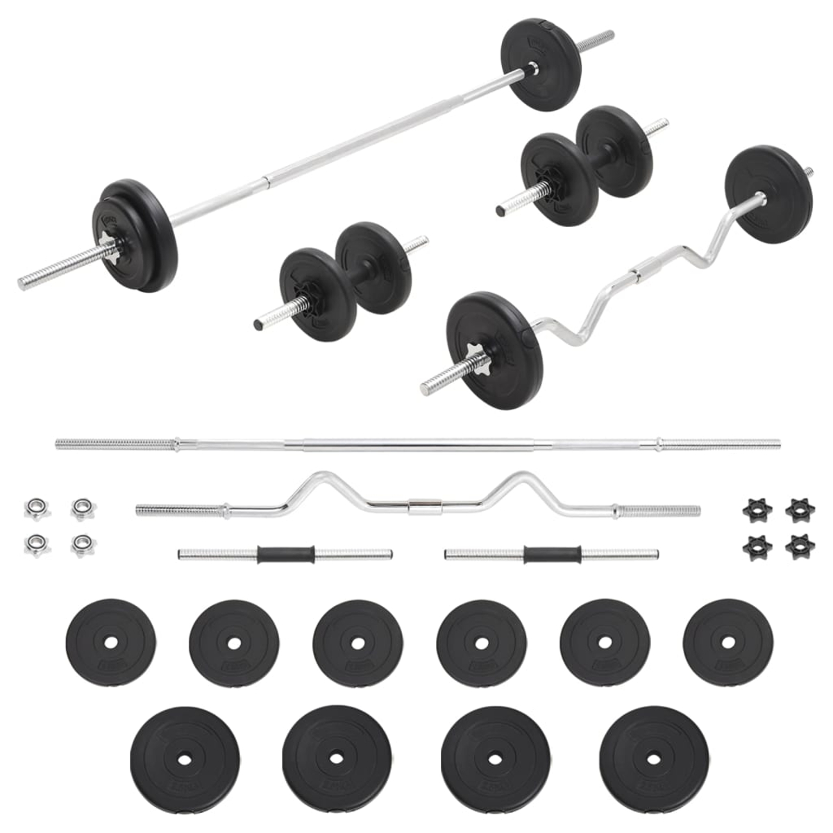 Eine Sammlung von Fitnessgeräten, darunter Langhanteln, Gewichte und Kurzhantelstangen, vor weißem Hintergrund. Gewichte sind schwarz, Stangen silber.