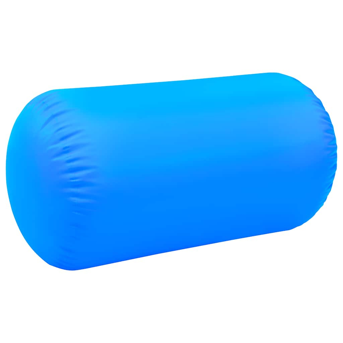 Un objeto inflable cilíndrico de color azul brillante. El objeto está acostado horizontalmente sobre un fondo blanco.